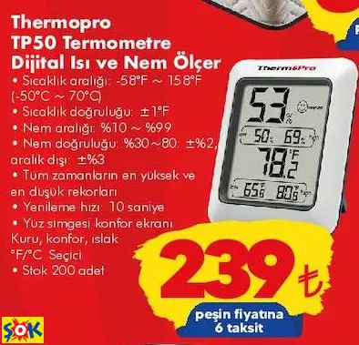 THERMOPRO TP50 TERMOMETRE DİJİTAL ISI VE NEM ÖLÇER THERMOPRO TP50 TERMOMETRE DİJİTAL ISI VE NEM ÖLÇER
